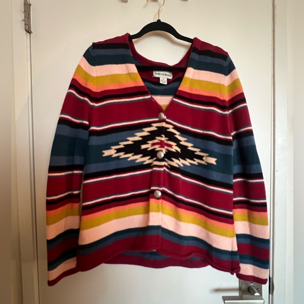 Seventh Avenue Red and Blue Cardigan Sweater with Geometric Patterns